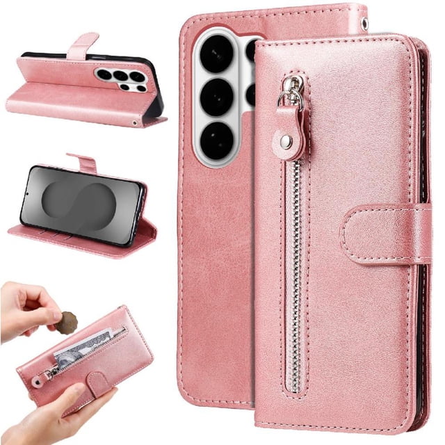 Wallet Case for Samsung Galaxy S26 Ultra with Zipper Pocket & Card Slots – Stand Function Pink