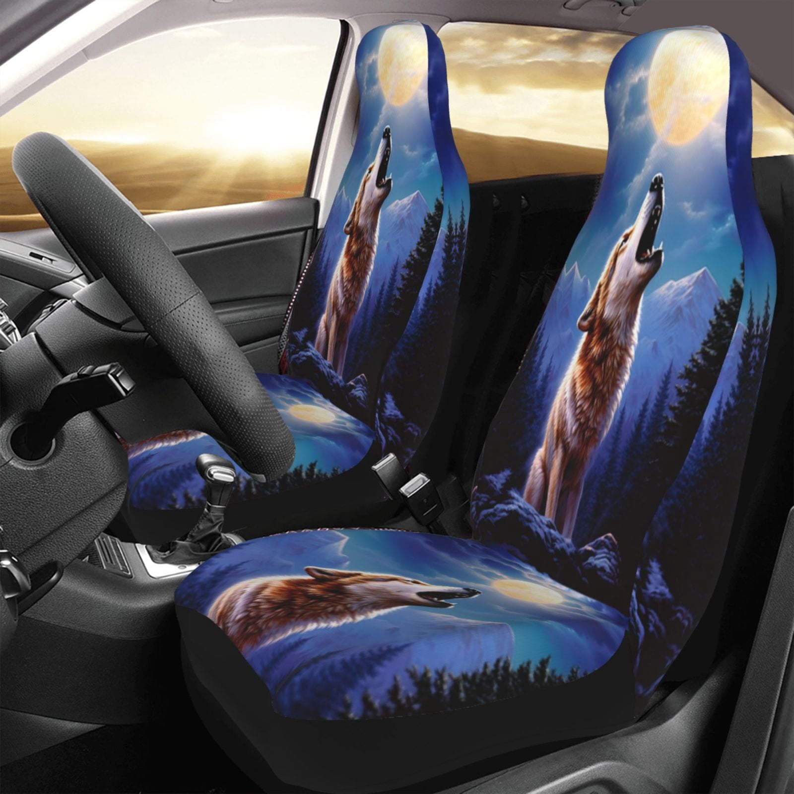 KAKALAD 3d Animal Wolf Moon 03 Car Seat Covers Set Vehicle Front Seats Protector 2 Pcs