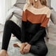 thumbnail image 3 of Top de cuello redondo, pantalones, ropa de descanso, 2 piezas, Color de contraste, manga larga, lazo en la cintura, ropa de dormir de punto informal para mujer, 3 of 6