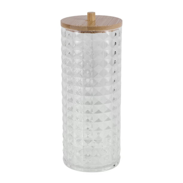 Unique Bargains 1 Pc Soporte para Hisopos de Algodón Cilíndrico con Patrón de Diamante y Tapa de Bambú Transparente Tono de Madera