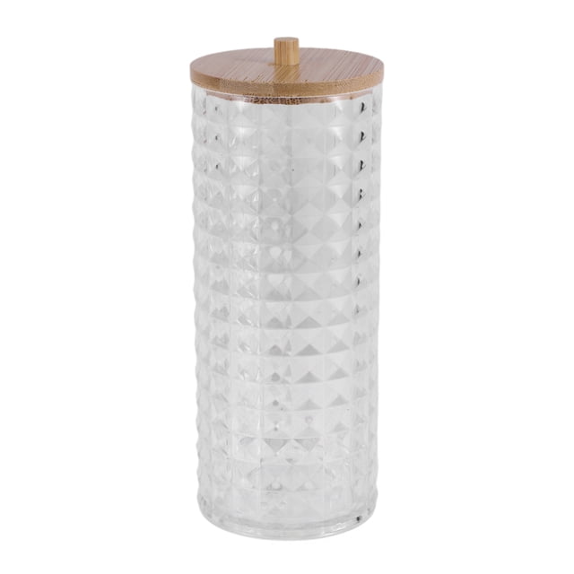 Unique Bargains 1 Pc Soporte para Hisopos de Algodón Cilíndrico con Patrón de Diamante y Tapa de Bambú Transparente Tono de Madera