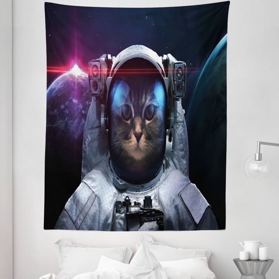 Space Cat Tapestry, Cosmonaut Kitty in Galaxy Cosmos Nebula Stars with Eclipse Image, Fabric Wall Hanging Decor for Bedroom Living Room Dorm, 5 Sizes, Dark Blue White, by Ambesonne