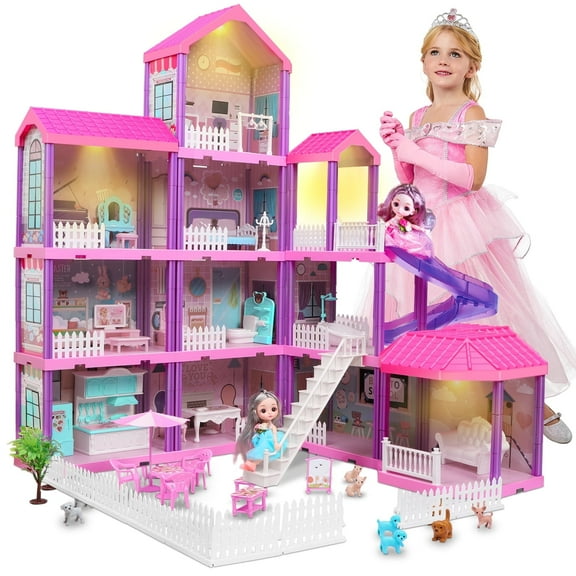 Freecat Doll Houses for Girl,4 levels, 11 rooms, 2 dolls, Slide &Furniture Accessories, Toys for Girls 3 6 Years,Girls Christmas Toy Gifts..(Purple)