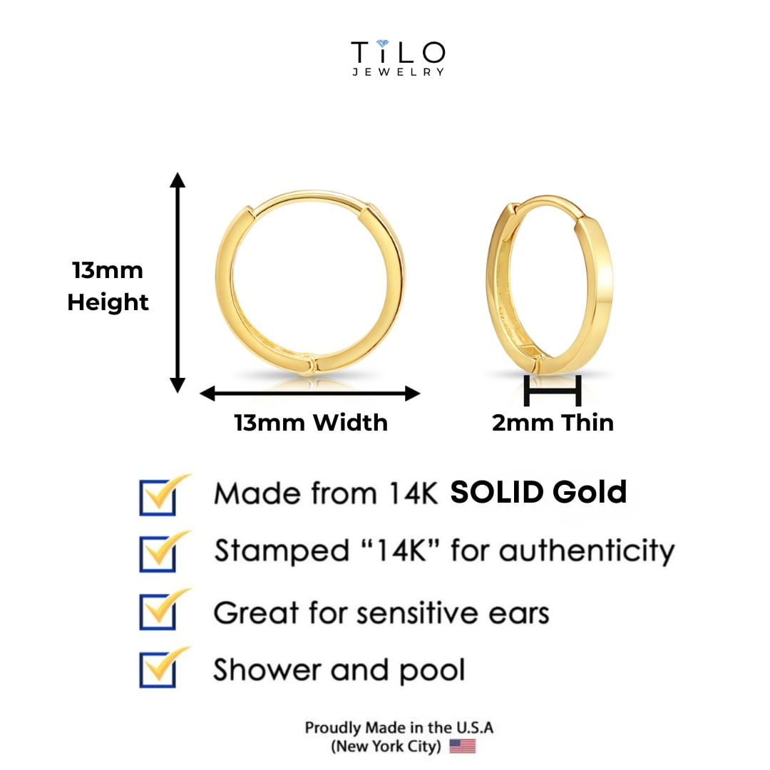 Tilo Jewelry 14K Yellow Gold Shiny Round Plain Huggie Hoop Earrings | 13mm Small | Dainty Everyday Earrings for Women, Men, Unisex