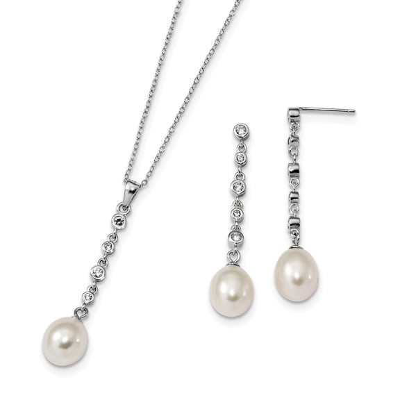 925 Sterling Silver Rhodium-Plate 8-9mm White Freshwater Cultured Pearl Cubic Zirconia ( CZ ) Earring Necklace Set