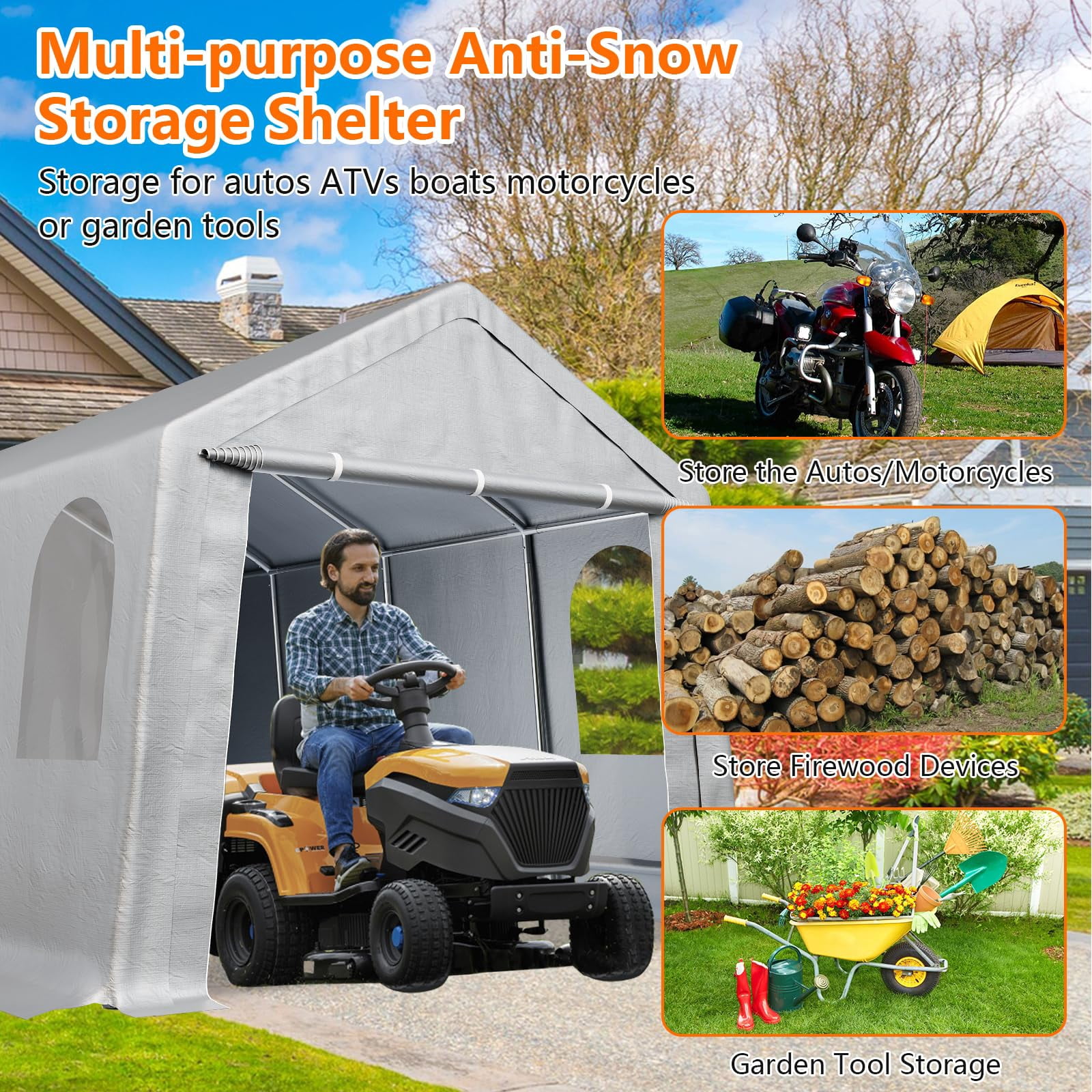 Luku Heavy-Duty Carport Canopy with Removable Side Walls and Door, Waterproof Portable Garage， Carport Shelter Reinforced Structure for Bicycles, Motorcycles and Gardening Tools