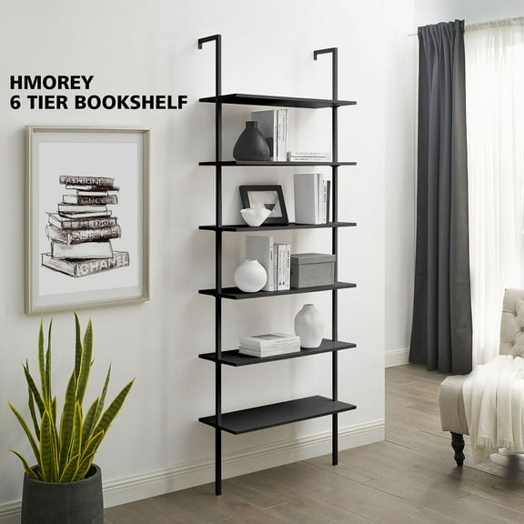 HMOREY 6 Tiers Modern Leaning Ladder Bookcase, Metal MDF Black, 84.84" x 29.92" x 11.8"