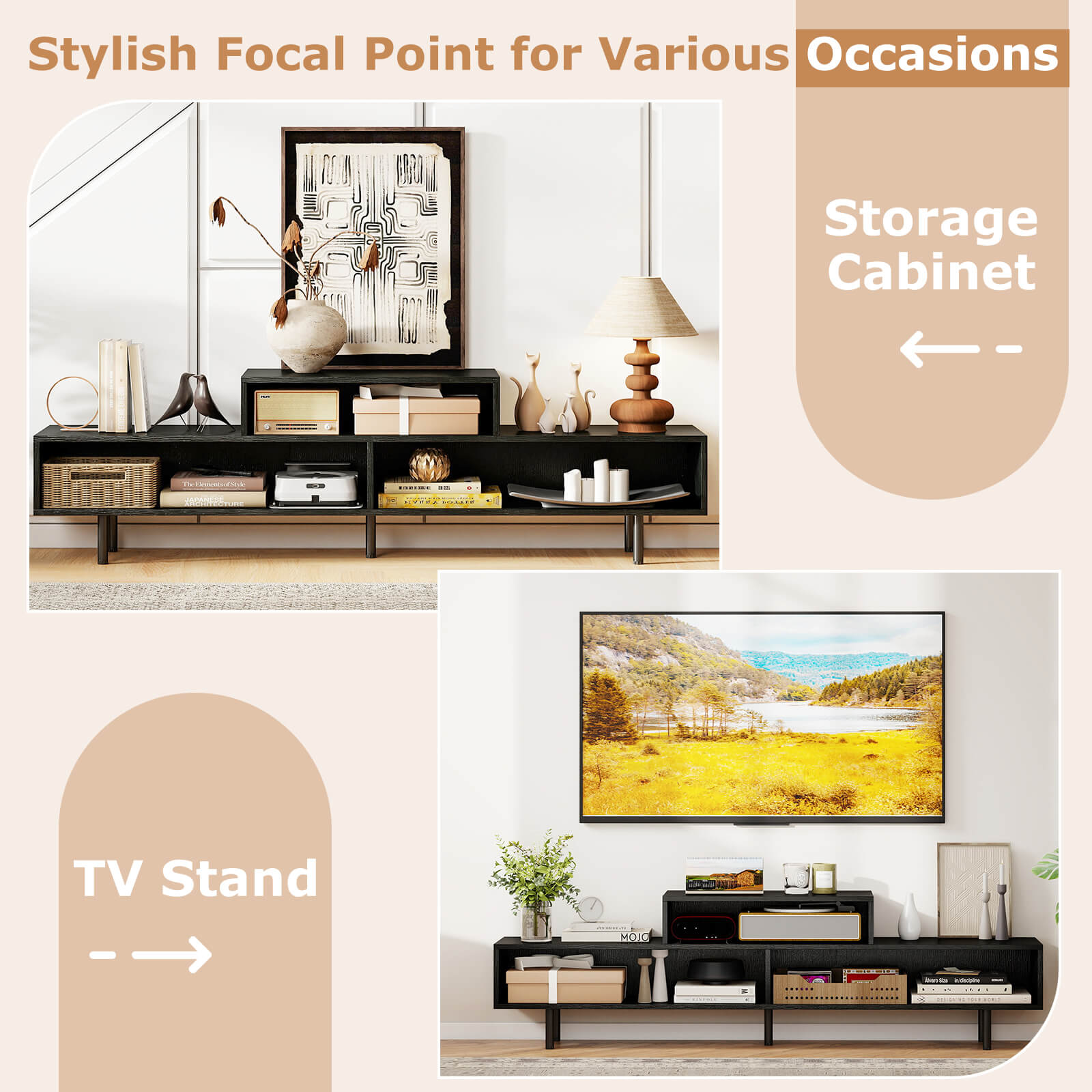 Costway 3 Cubby TV Stand for TVs up to 70" Entertainment Center Media TV Console Table Black