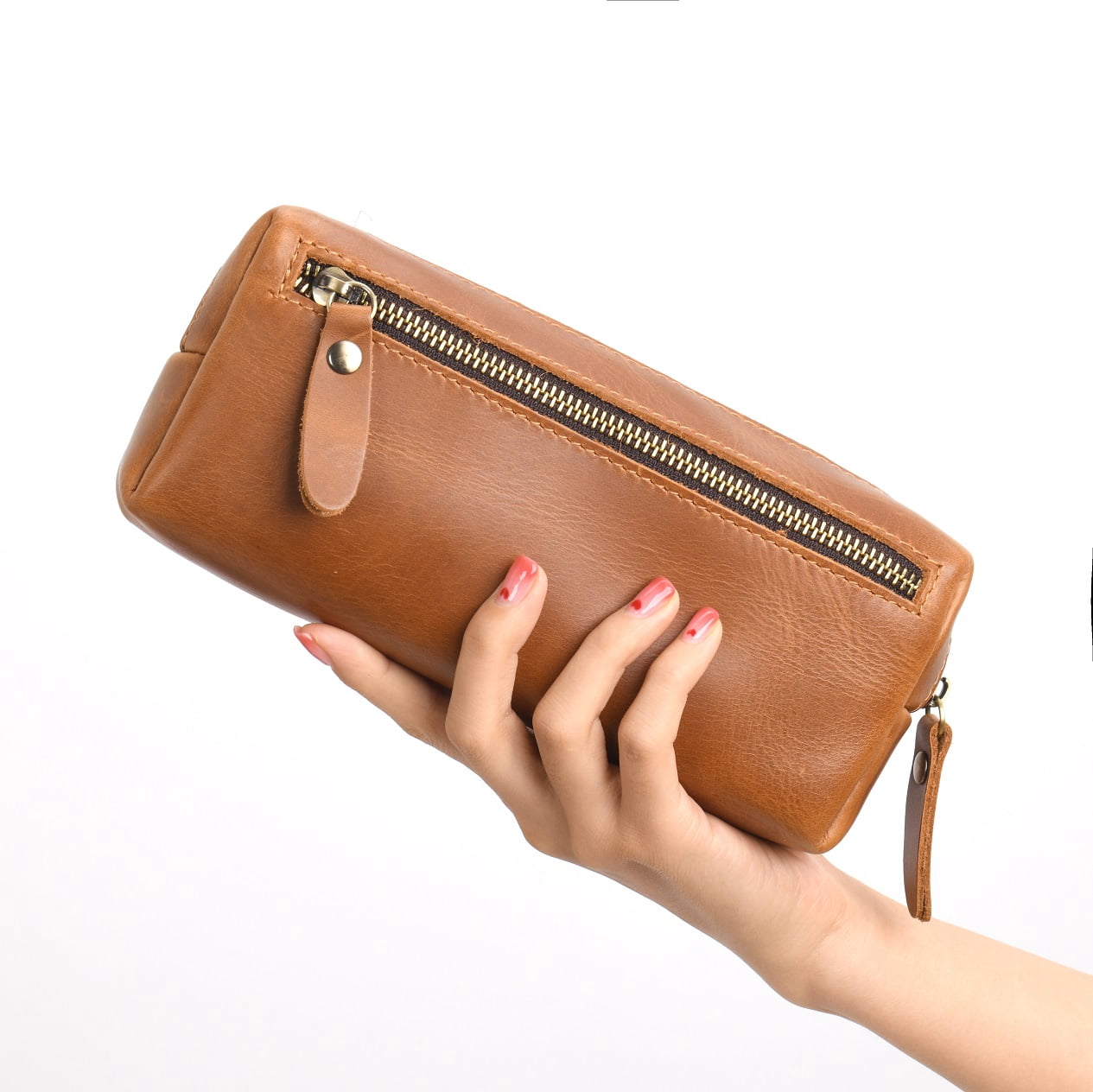 WONDERPOOL Pen Case Real Leather Pencil Pouch Markers Holder Big Capacity Bag with Side Zippered Pocket Sleeve for Stationery Makeup Utensils Organizer (Light brown)