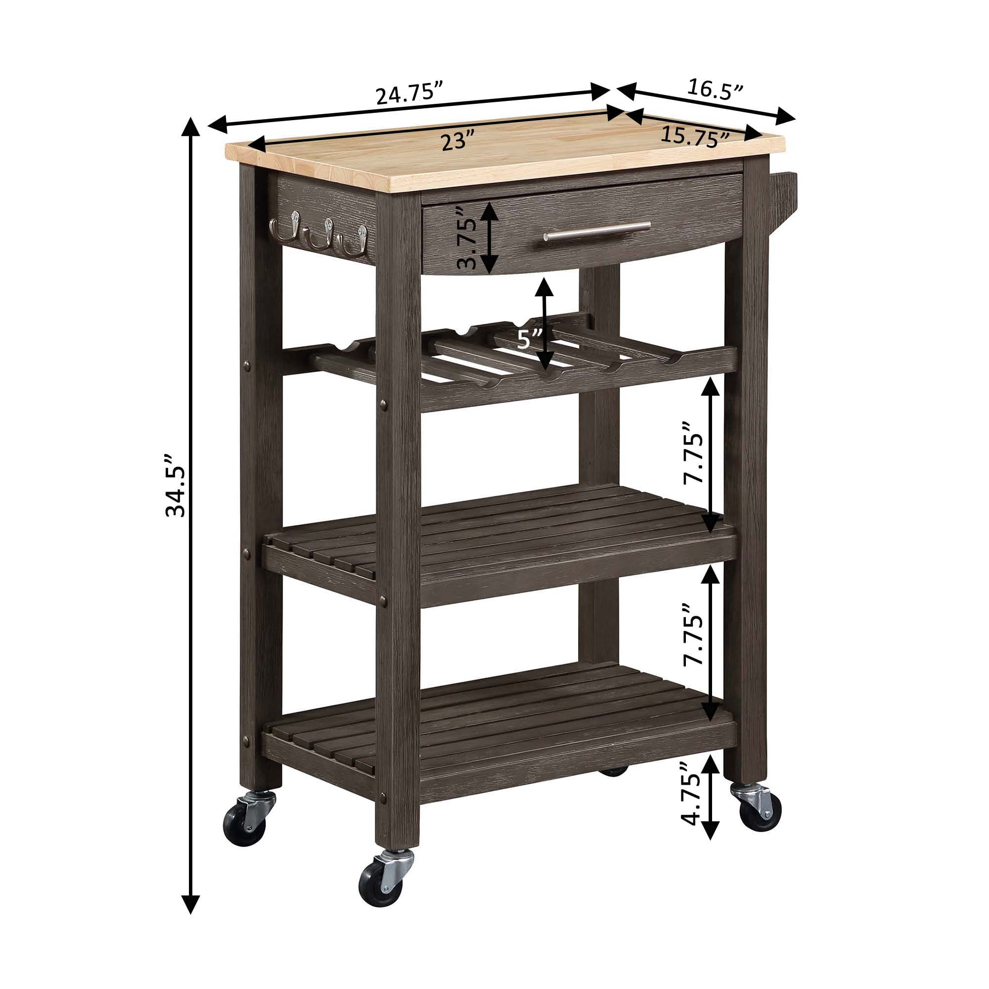 Ellaine 4 Tier Butcher Block Kitchen Cart with Drawer and Wine Rack, Wirebrush Dark Gray/Butcher Block
