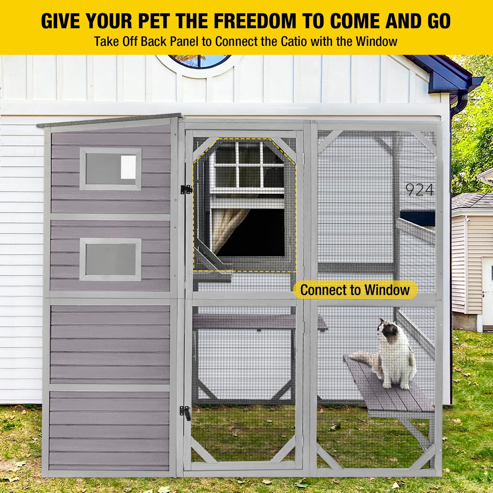 4 Tier Large Catio Enclosure for Indoor Outdoor Cats, Multi-Level Cat House with Weatherproof Roof, 3 Cozy Rooms, 5 Windows, 3 Platforms, Spacious Pet Play Area, Grey