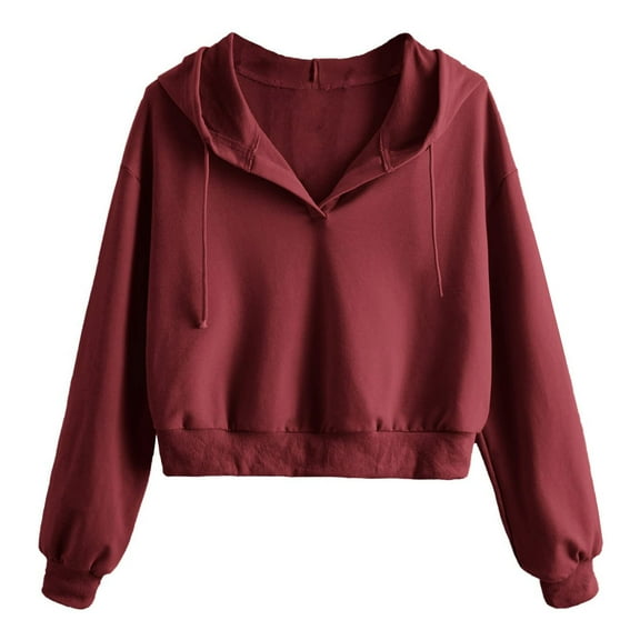 Maean Women Crop Top Hoodie Sweatshirt V Neck Long Sleeve Solid Color Casual Drawstring Sweatshirts
