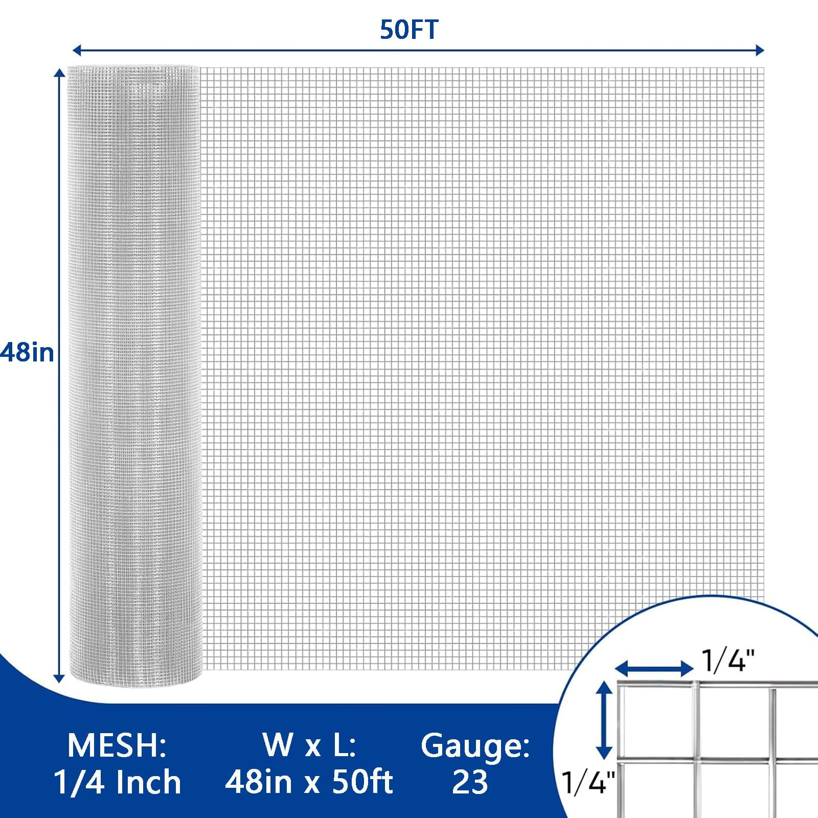 Hardware Cloth 1/4 Inch 48 x 50 Ft, 23-Gauge Welding Fence Wire Mesh Roll, Hot Dipped Galvanized Wire Mesh for Garden, Chicken Wire Fencing