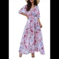 thumbnail image 1 of Vestido Informal de con Cuello en V y Media para Mujer, con Estampado Floral, para Invitadas de Boda, y Verano. Rosa M, 1 of 10