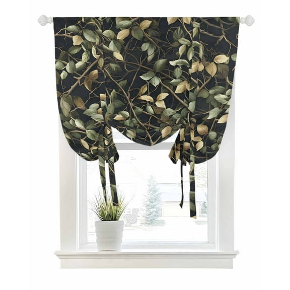 Green Leaves Branches Tie Up Curtains for Window, Thermal Insulated Balloon Shade Adjustable Rod Pocket Curtains Valance Panels for Kitchen Bathroom Cafe 34 x 45 Farmhouse Vintage Botanical