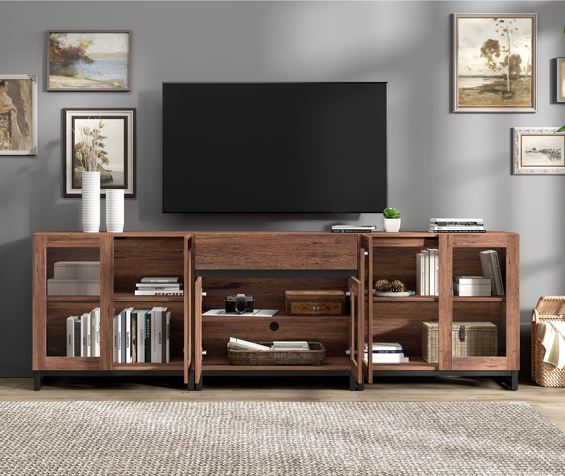 Modern 3-in-1 TV Stand, Entertainment Center with Glass Doors, 1 Drawer & Adjustable Shelf, Media Console for Living Room Bedroom, Fits TVs up to 100 Inch,Brown