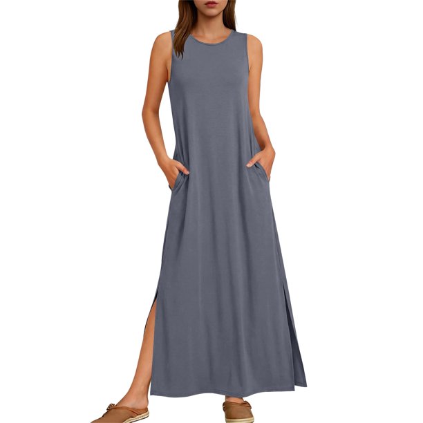 Vestido de Verano de Longitud de Rodilla para las Mujeres sin Mangas Vestido de Playa Casual Sólido con Cuello en V, Vestido Casual con Cuello en V para las Mujeres