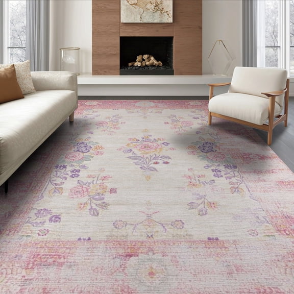 ODIKA 8'x10' Washable Area Rug Pink Boho Vintage Ditsy Field Scroll Distressed Border Botanical for King Size Bedroom Under Bed, Master Suite, Non-Shedding, Easy Care
