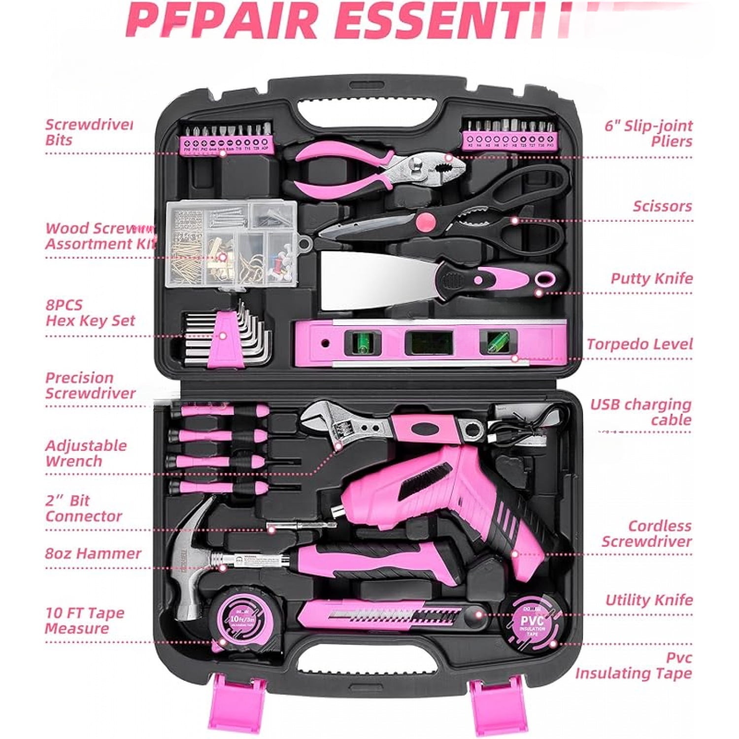 147 Pcs Pink Tool Kit with 12V Cordless Drill with 3/8" Keyless Chuck for Women, Home, Men, Built-in LED, Type-C Charge Cable