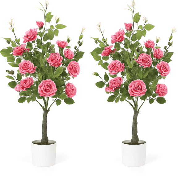 EastVita Romantic Season 2 Pack Artificial Camellia Tree 4 FT Pink Faux Camellia Plant Fake Potted Camellia Flower Tree Plastic Camellia Tree for Modern Home Office Living Room Floor Decor Indoor