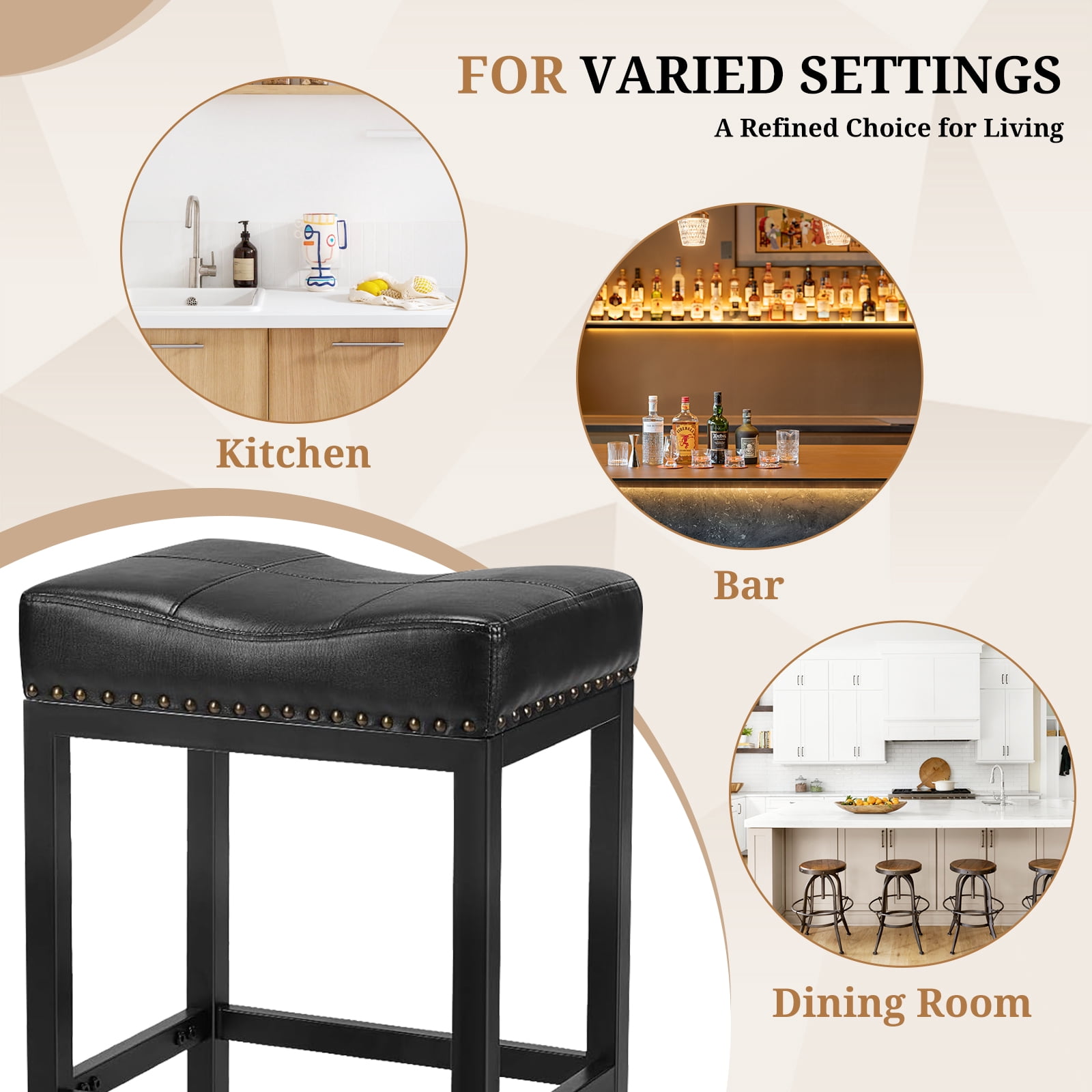 Sybels 24" Saddle Bar Stools (Set of 2) - PU Leather Counter Stools with Footrest for Kitchen Island, Cafe，Black