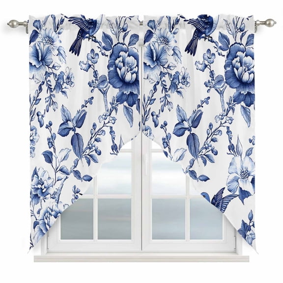 White Blue Spring Floral Kitchen Window Curtains, Swag Curtains Valance for Bedroom Living Room Bathroom, Summer Botanical Hummingbird Rod Pocket Window Curtain Block Drapes 2 Panels 36"x63"