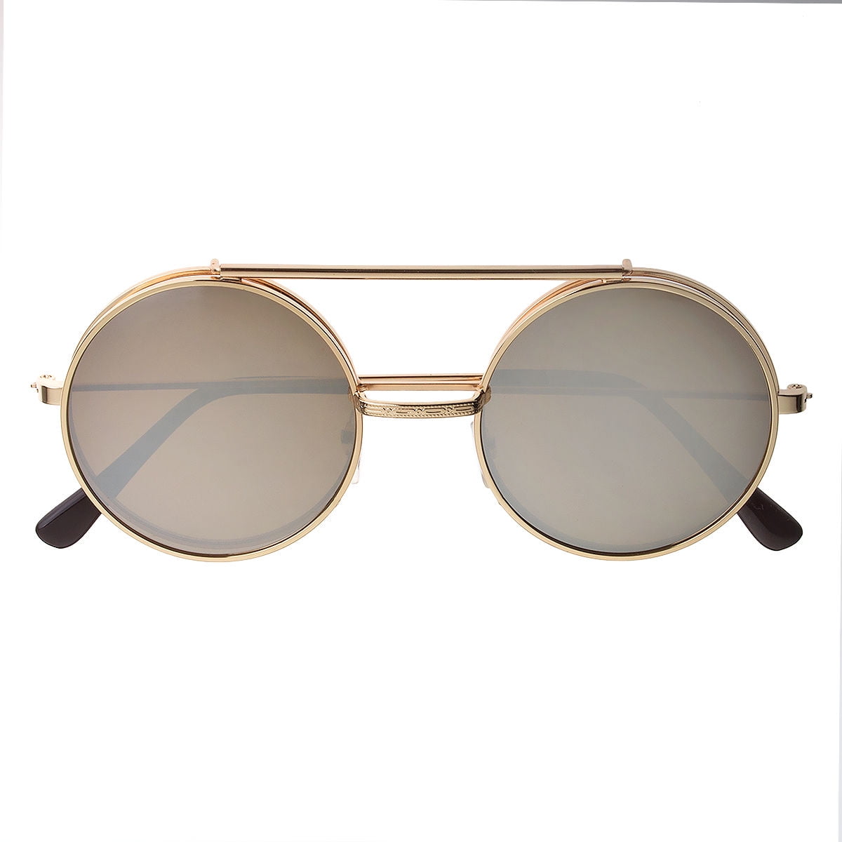 Cool Flip Up Lens Steampunk Vintage Retro Mirror Round Sunglasses Tortoise Gold 