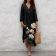 thumbnail image 4 of DISNIMO Dragonfly Lotus Print Women Casual Maxi Dresses V Neck Loose Dress Lightweight 3/4 Sleeve Shift Dress Fashion Fall Dresses for Women, S, 4 of 6
