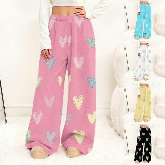Cadancy Casual Pants for Women Cute Heart Graphic Valentines Wide Leg Fleece Sweatpants High Waisted Baggy Comfy Warm Trousers with Pockets