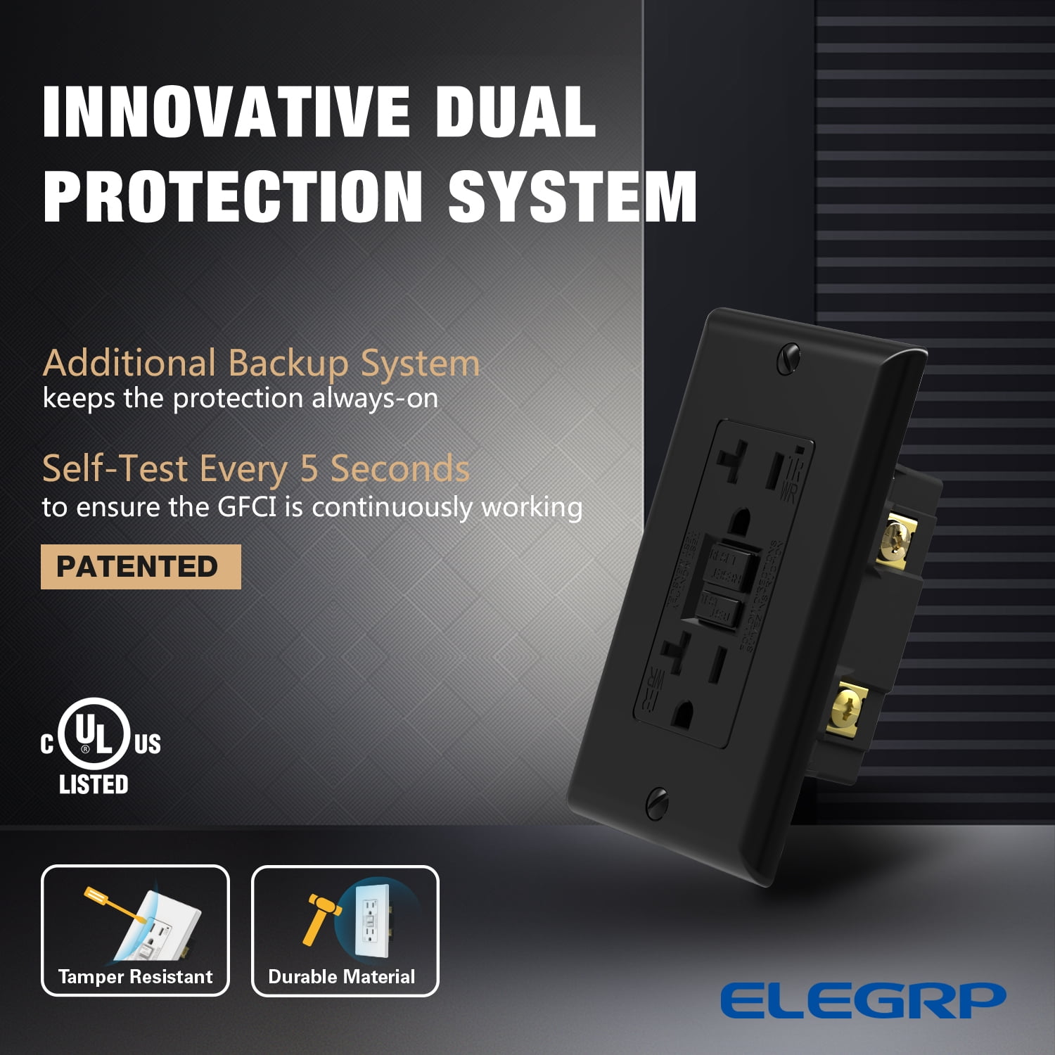 ELEGRP GFCI Outlet Outdoor, 20 Amp Electrical Outlet, Weather & Tamper Resistant GFCI Receptacle, Ground Fault Receptacle with Screwless Wall Plate, UL Listed, Black 2PC