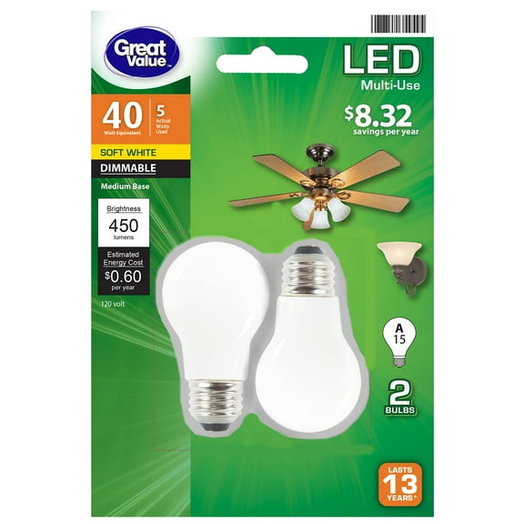 Great Value LED Light Bulb, 5 Watts (40W Eqv.) A15 Ceiling Fan Frosted Lamp E26 Base, Dimmable, Soft White, 2-Pack