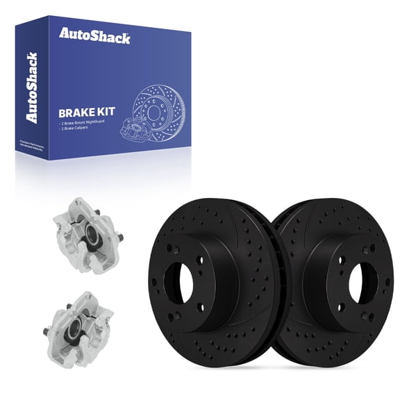 AutoShack Front Brake Rotors & Calipers for Honda, Civic 2022-2024, FWD L4 1.5L - E-Coated Drilled & Slotted - Black Finish - NightGuard - 11.1" (281.95 mm), 5-Lug