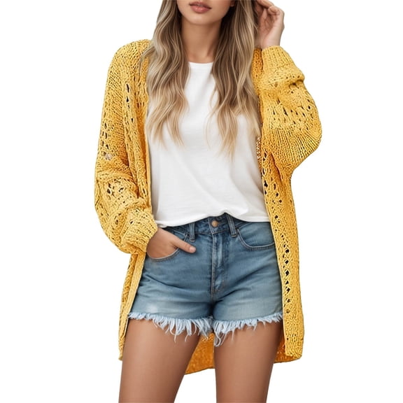 Wang6 Womens Lightweight Long Cardigan Sweaters Fall Long Sleeve Loose Knits Trendy Open Front Hollow Knitted Outwear Coats Yellow XL