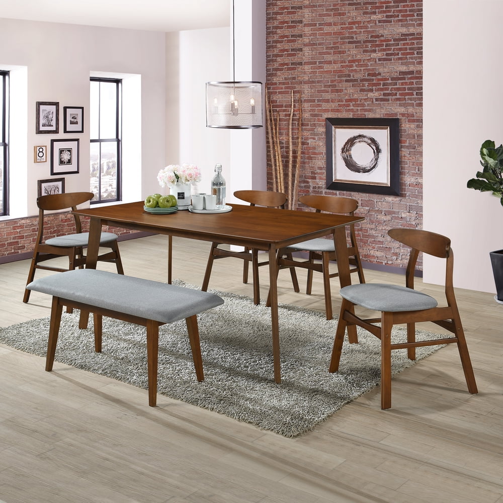 SEVILLE 6PC Mid Century Modern Wood Dining Room Set, Walnut/Gray ...