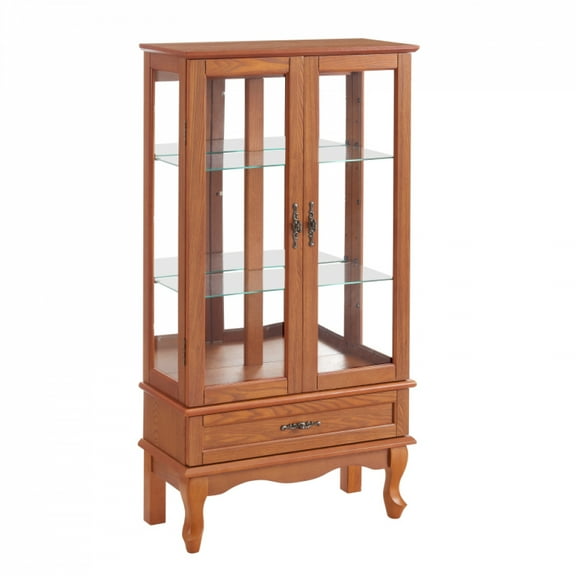Avger Solid Oak Lighted Display Cabinet with Adjustable Shelves, Glass Doors, and Anti-Tip Strap