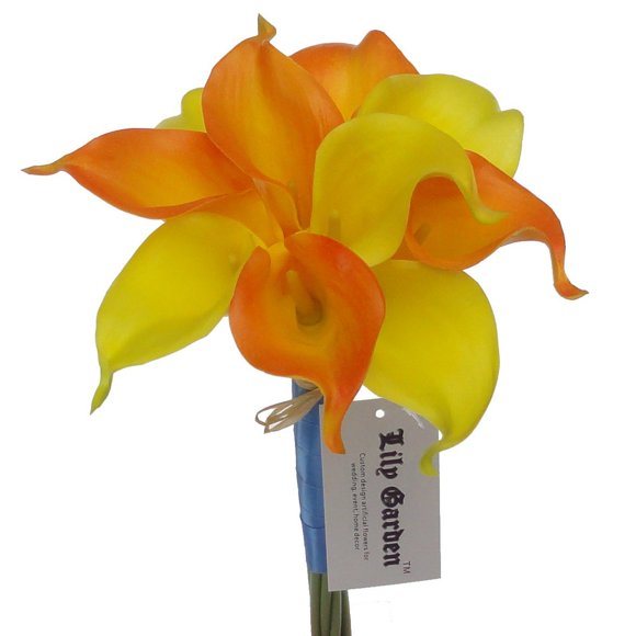 Lily Garden Mini 15" Artificial Calla Lily 10 Stem Flower Bouquets (Yellow & Orange)