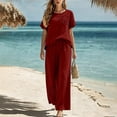 thumbnail image 5 of Ynynloco 2 Piece Cotton Linen Outfits for Women Casual Tracksuit Short Sleeve Tops And Wide Leg Long Pants Matching Lounge Sets, 5 of 8