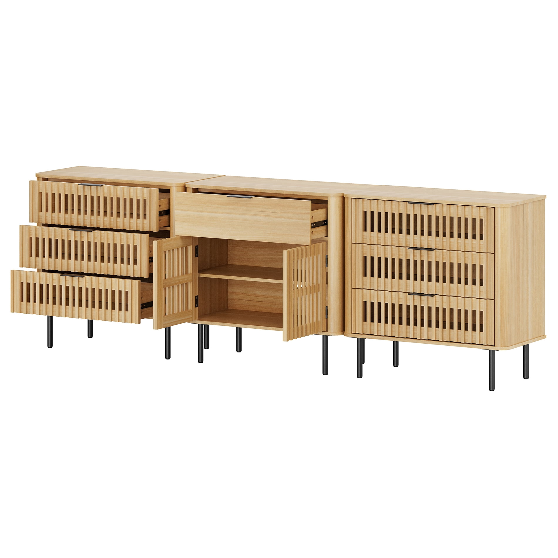 94.5 Inch Large Fluted Buffet Cabinet Sideboard with Storage, Pop-Up Doors & Adjustable Shelf, Wood Modern Accent Coffee Bar Console Table with Drawers for Kitchen, Living Room, Oak