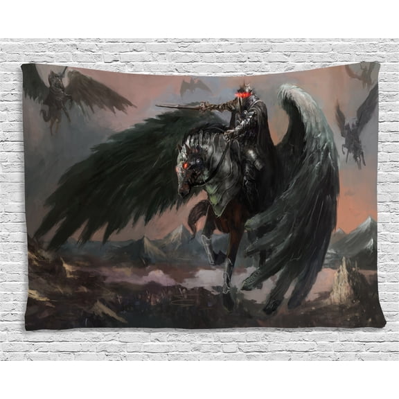 Fantasy World Decor Tapestry, Pegasus King Leads His Army the Dark Ages Imaginary Magic Story Print, Wall Hanging for Bedroom Living Room Dorm Decor, 80W X 60L Inches, Black Brown, by Ambesonne