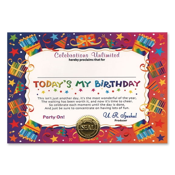 Beistle Pack of 6 ''Today's My Birthday'' Certificates 5'' x 7''