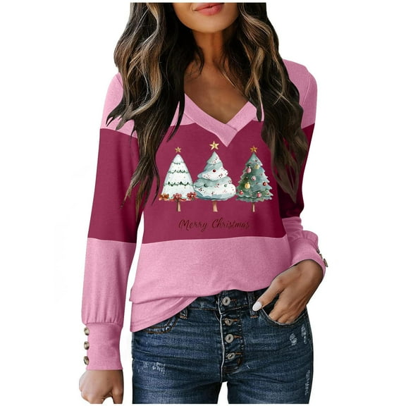 Christmas Tee Women V Neck Pullover Santa Claus Graphic Sweatshirt Color Block Shirts Christmas Tree Blouses Clothing Festival Outfits Trendy Casual Tops