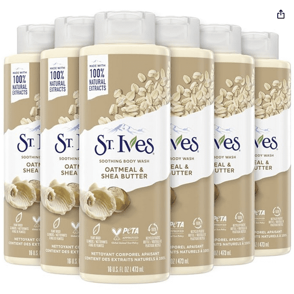 St. Ives Body Wash - Soothing Moisturizing Cleanser with Oatmeal & Shea Butter, Made with Plant-Based Cleansers and 100% Natural Extracts, 16 Oz Ea (Pack of 6)