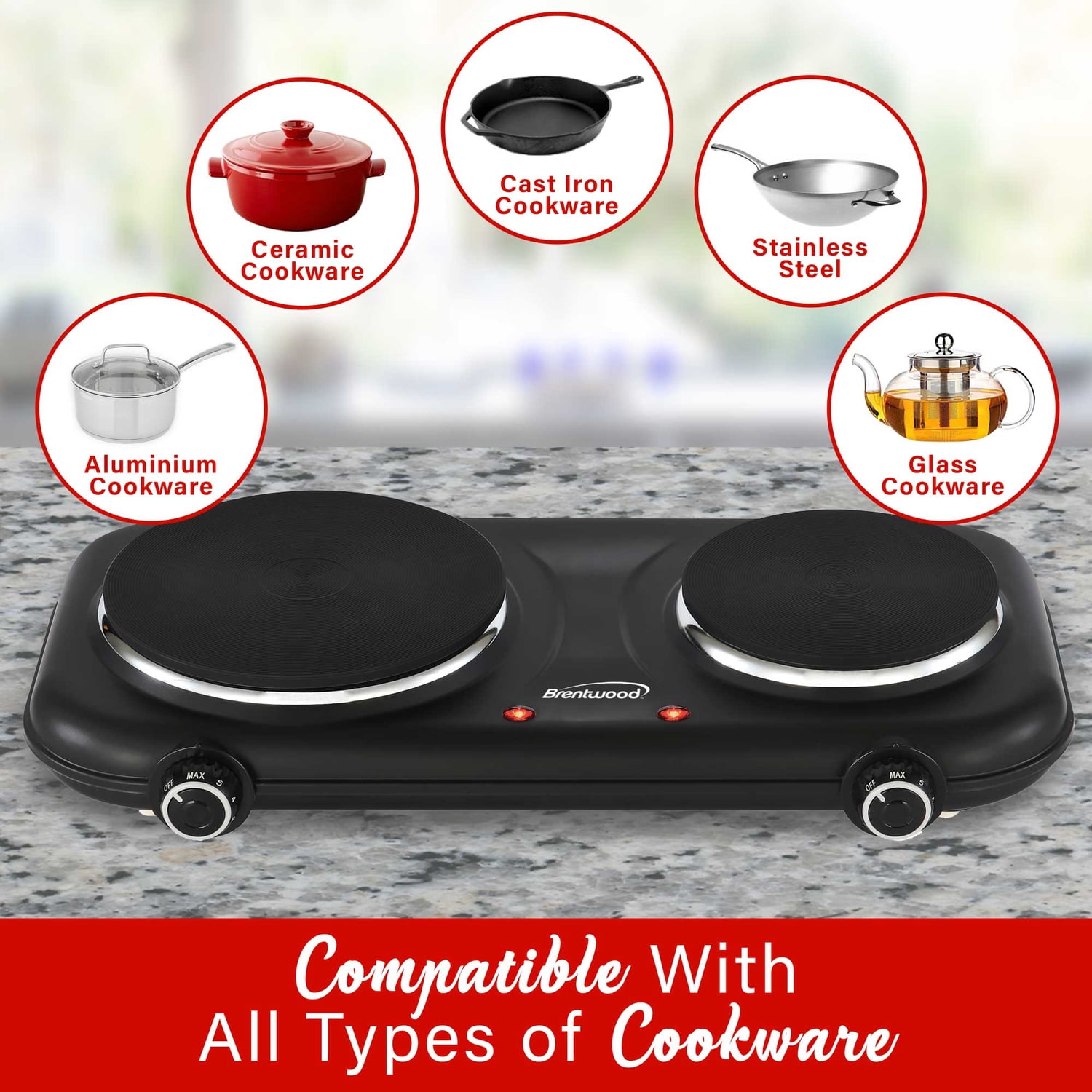 Brentwood Double-Cast-Iron 1,100-Watt Countertop Electric Burner Hot Plate with Temperature Control and Power Indicator Light, Black, TS-332BK