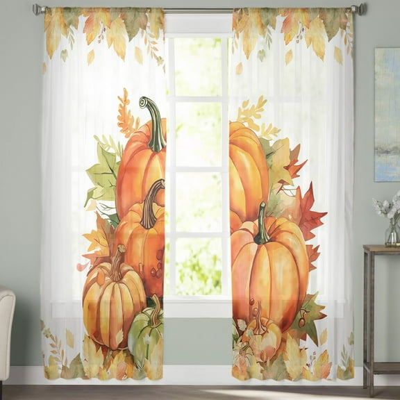 Sheer Curtains 96 inches Long, Fall Thanksgiving Pumpkin Watercolor Botanical Maple Leaves Sheer Window Curtains Rod Pocket Voile Drapes for Bedroom Living Room, 52"W x 96"L 2 Panels