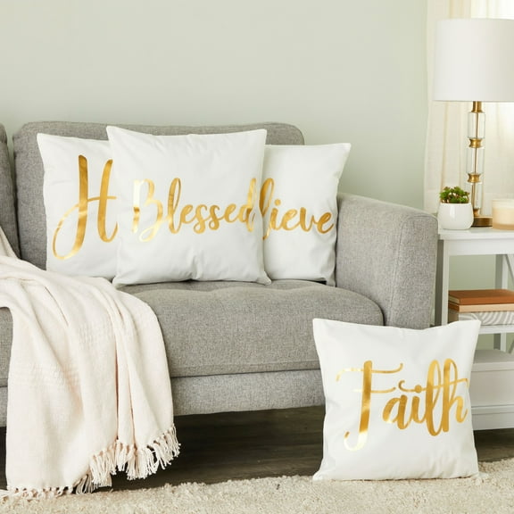 Juvale White Throw Pillow Covers, Blessed, Hope, Believe, and Faith (18 x 18 in, 4 Pack)