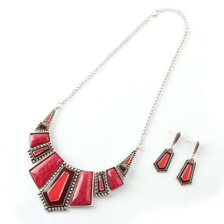 - Women Metal Geometric Pendant Bib Chain Choker Necklace Earrings Decor Red Set