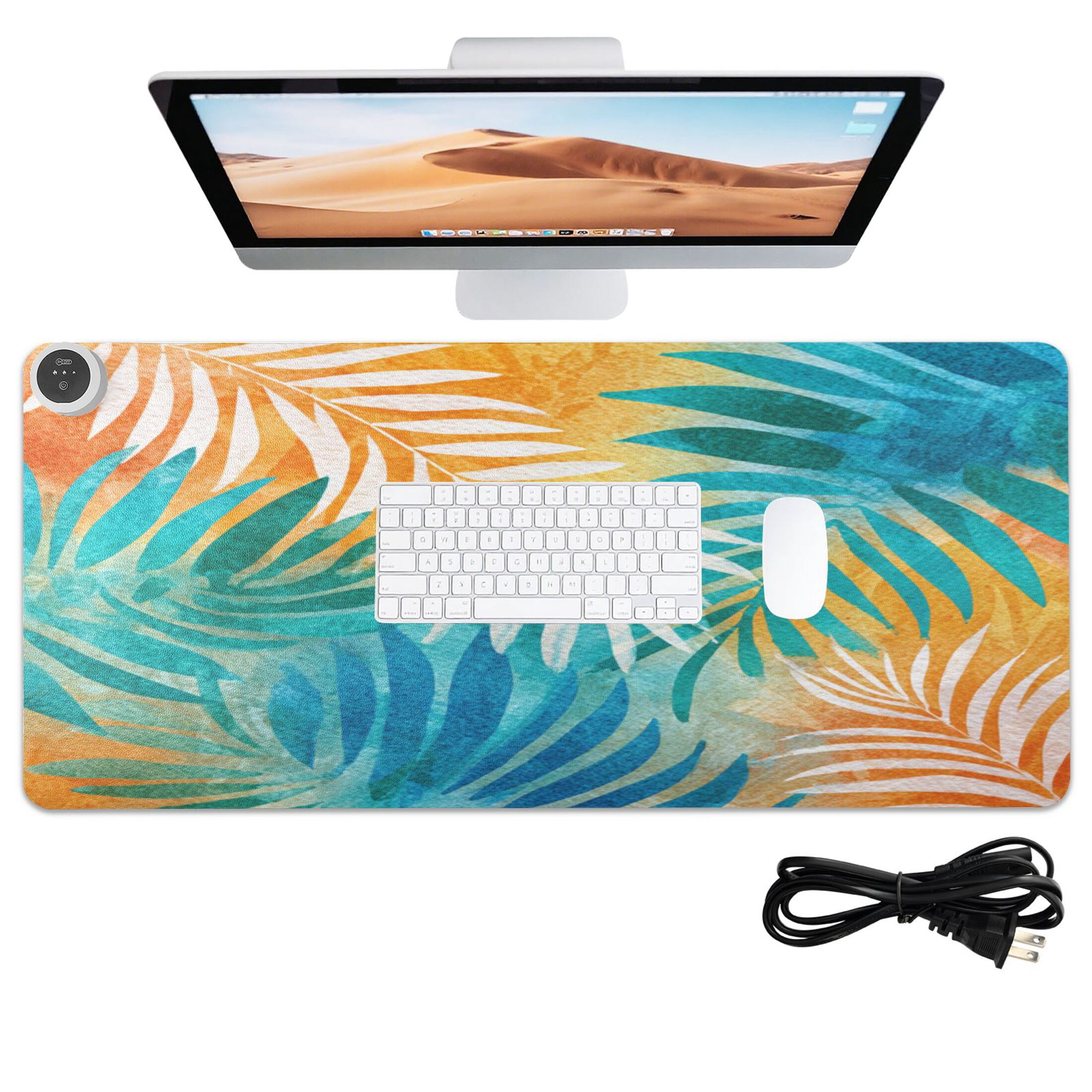 Large Heated Desk Mat Mouse Pad 31.5"x13"PU Leather Graphene Heating Desk Warmer with 3 Temperature Settings 110V US Plug Non-Slip Warm Pad for Home, Office, and Gaming Sunset Tropical Leaf Design