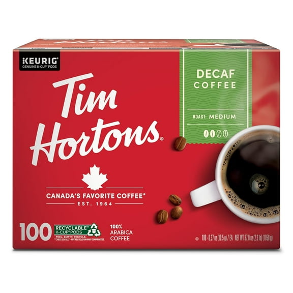 Tim Hortons Decaf, Medium Roast Coffee, Single-Serve K-Cup Pods Compatible with Keurig Brewers, 100ct K-Cups