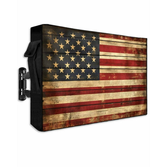 American Flag Outdoor TV Cover 40 to 43 Inch Weatherproof, Retro USA Flag Blue Red Vintage Wooden 600D Oxford TV Covers with Waterproof Zipper, Outside Flat TV Screen Protector Size 40"Wx25"Hx4.5"D