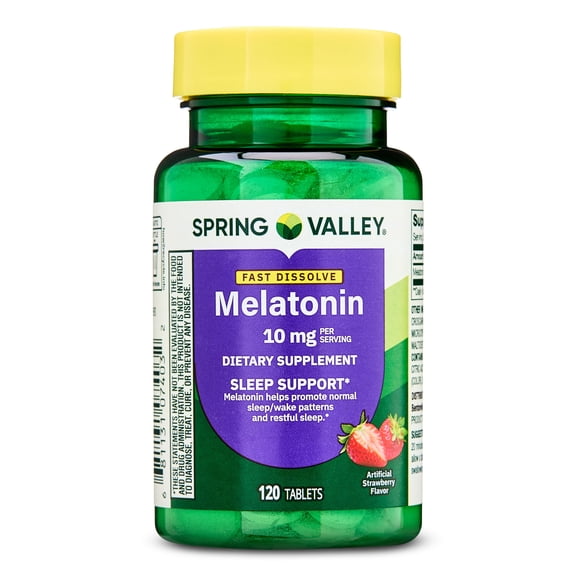 Spring Valley Fast-Dissolve Melatonin Sleep Support Dietary Supplement Tablets, Strawberry, 10 mg, 120 Count